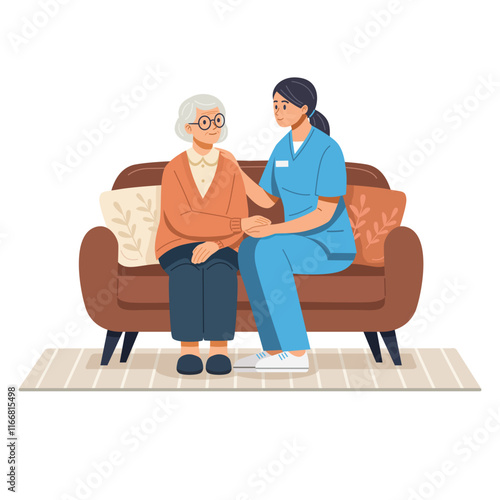 Flat vector illustration of a caregiver in blue scrubs providing support and comfort to an elderly woman sitting on a couch.