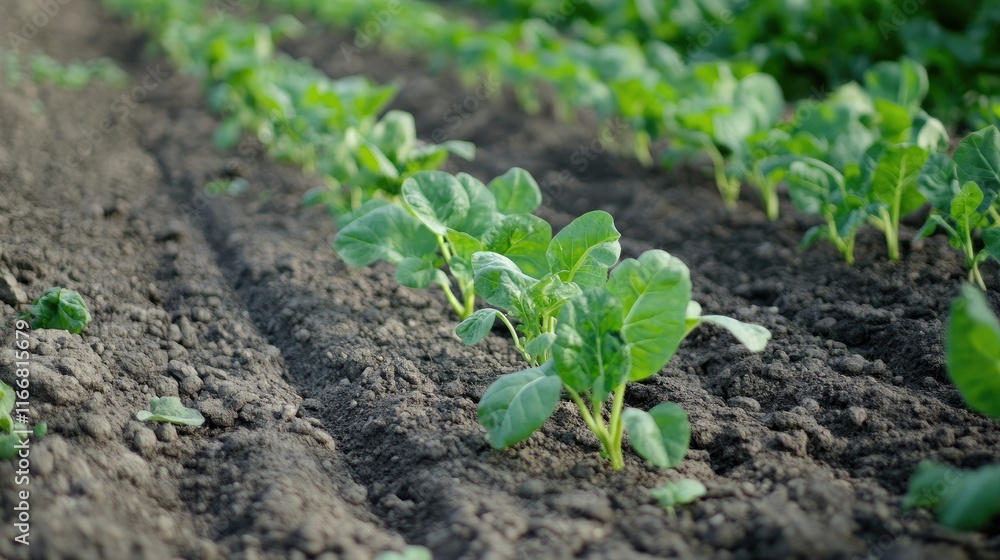 Vegetable Seedlings Growing in Row on Farm Soil in Home Garden Setting Vegetable Seedlings Growing in Row on Farm Soil in Home Garden Setting