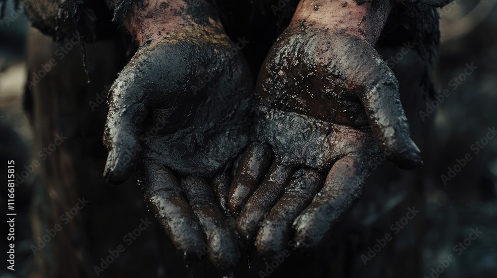 Close up of a Cossack blacksmith's hands covered in mud and oil, showcasing the hard work and craftsmanship of traditional metalworking. Close up of a Cossack blacksmith's hands covered in mud and oil, showcasing the hard work and craftsmanship of traditional metalworking.