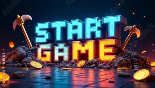 Neon 'Start Game' sign, pixel art style, surrounded by gold coins and pickaxes. 3D render.