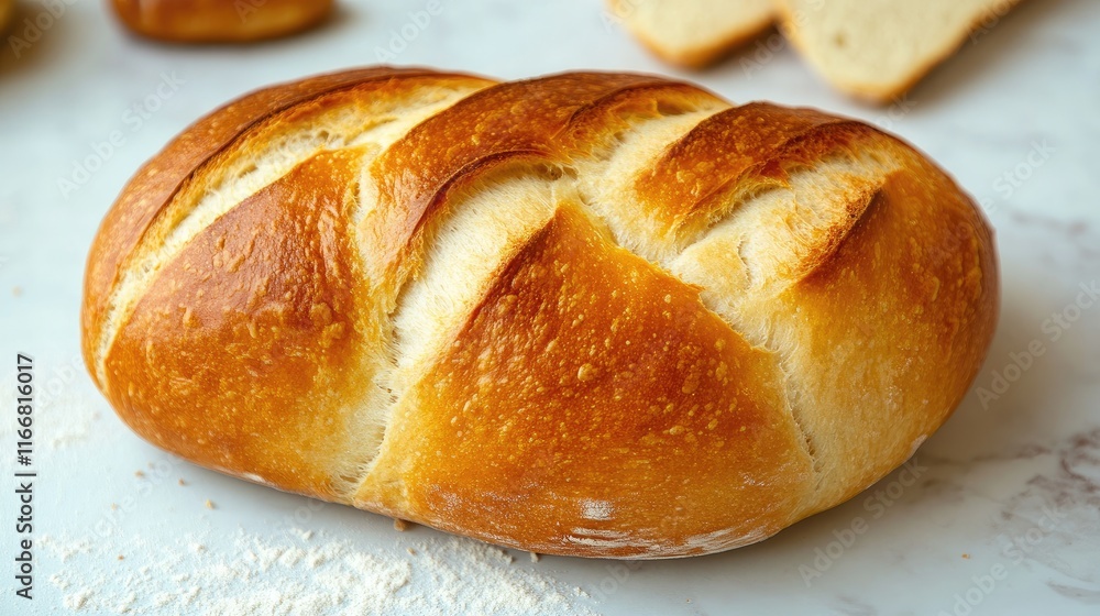 Golden Brown Loaf of Freshly Baked Bread on Light Marble Table Surface with Flour Dusting and Sliced Bread in Background Golden Brown Loaf of Freshly Baked Bread on Light Marble Table Surface with Flour Dusting and Sliced Bread in Background