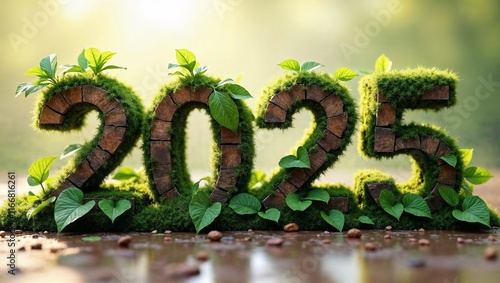 Sustainable 2025 New Year's image.  Moss, wood, and plants create a nature-themed design.