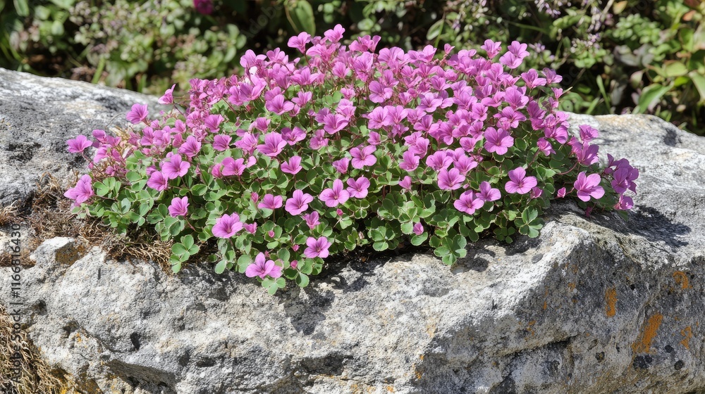 Pink sorrel blooming on rocky terrain showcasing vibrant flowers and lush green leaves in a natural setting. Perennial herb with unique characteristics. Pink sorrel blooming on rocky terrain showcasing vibrant flowers and lush green leaves in a natural setting. Perennial herb with unique characteristics.