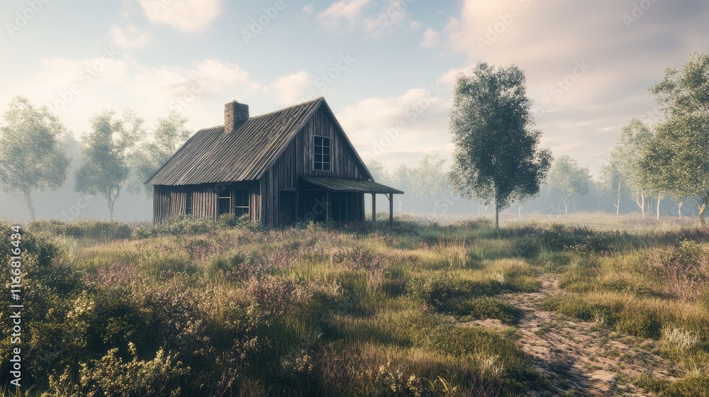 Rustic wooden house surrounded by serene heath landscape under a soft cloudy sky in a tranquil rural setting Rustic wooden house surrounded by serene heath landscape under a soft cloudy sky in a tranquil rural setting