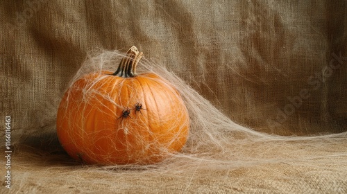 Spooky Halloween pumpkin adorned with spider webs set against a rustic brown backdrop perfect for autumn-themed designs and decorations. photo