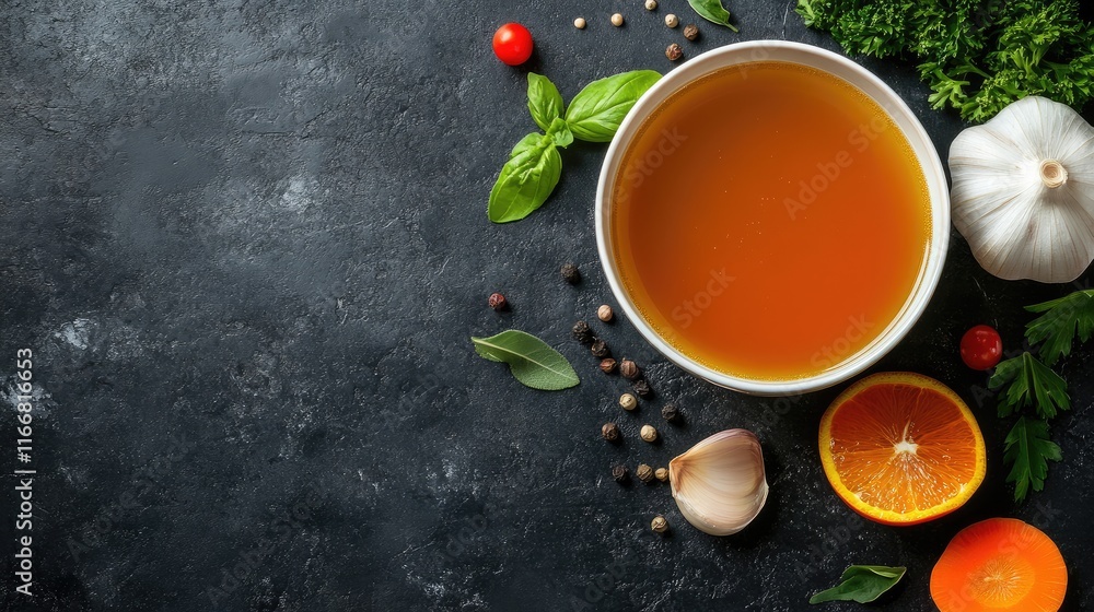Beef Broth Soup Ingredients on Dark Surface with Fresh Herbs Vegetables and Spices Ready for Cooking with Copy Space for Recipe Ideas Beef Broth Soup Ingredients on Dark Surface with Fresh Herbs Vegetables and Spices Ready for Cooking with Copy Space for Recipe Ideas