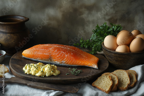 Rustic Smoked Salmon Platter with Fresh Eggs, Herb Butter, and Bread