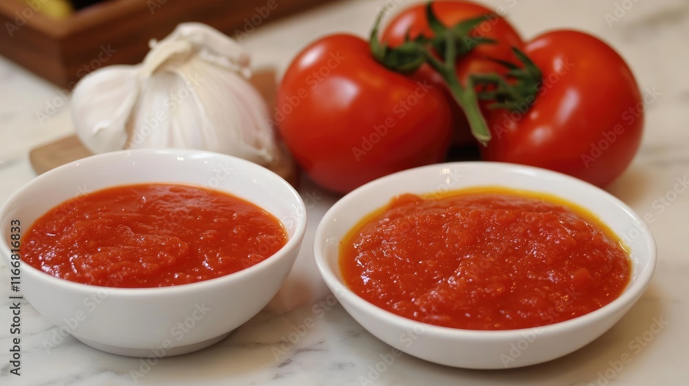 Ingredients for Italian Tomato Pasta Sauce with Fresh Tomatoes and Garlic in Bowls Ingredients for Italian Tomato Pasta Sauce with Fresh Tomatoes and Garlic in Bowls