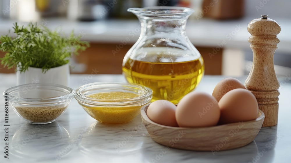 Homemade Mayonnaise Ingredients Fresh Eggs Vegetable Oil Mustard and Seasonings on Kitchen Countertop Homemade Mayonnaise Ingredients Fresh Eggs Vegetable Oil Mustard and Seasonings on Kitchen Countertop