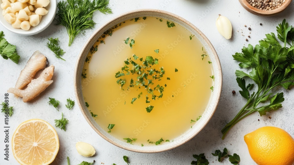 Ingredients for fish soup displayed in a bowl surrounded by herbs, lemon, garlic, and fish on a light background top view Ingredients for fish soup displayed in a bowl surrounded by herbs, lemon, garlic, and fish on a light background top view