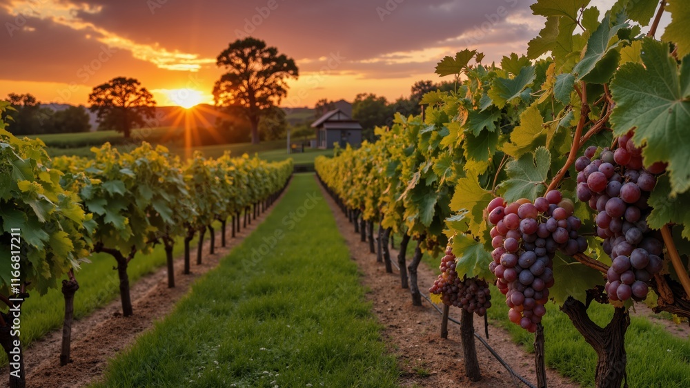 Naklejka premium A row of grape vines with a house in the background. The sky is orange and the grapes are ripe