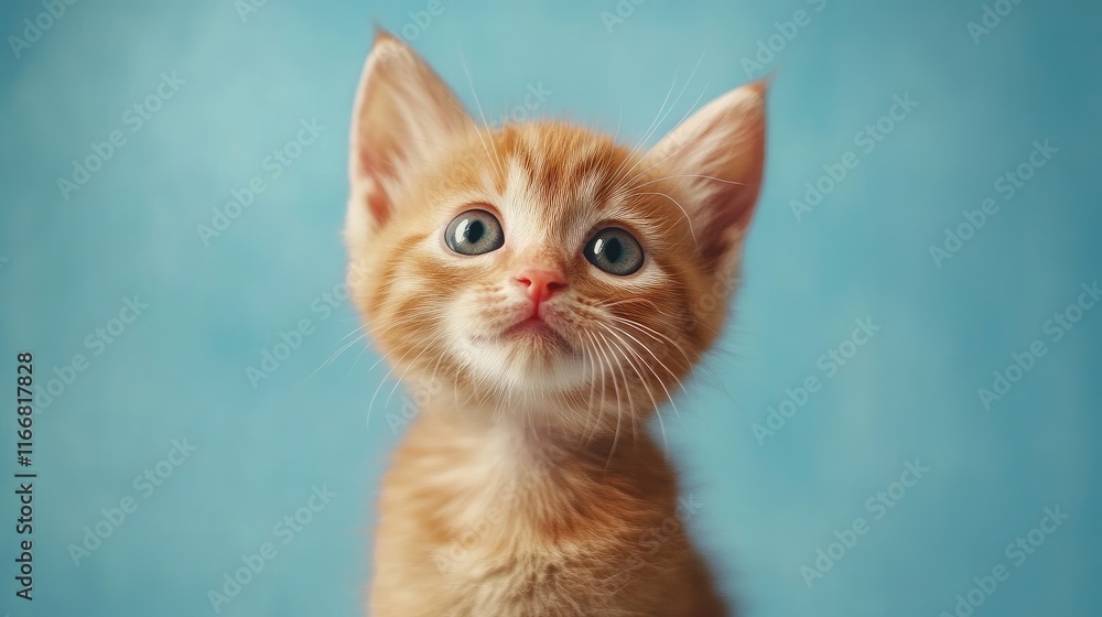 Adorable Red Tabby Kitten with Bright Blue Eyes Against Soft Blue Background Adorable Red Tabby Kitten with Bright Blue Eyes Against Soft Blue Background