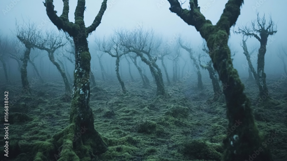 Fototapeta premium Ethereal Foggy Landscape with Gnarled Trees in Mystical Forest Setting