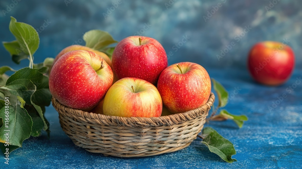 Premium apples in a rustic basket on vibrant blue background showcasing innovative agricultural concepts and fresh produce aesthetics Premium apples in a rustic basket on vibrant blue background showcasing innovative agricultural concepts and fresh produce aesthetics
