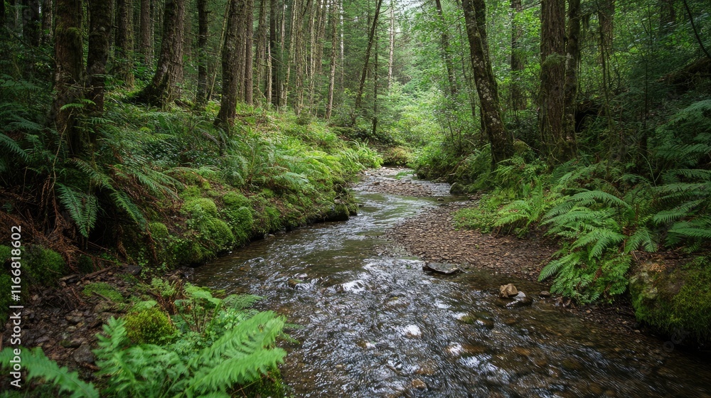 Serene forest path with a gently flowing stream surrounded by lush greenery and tall trees in a tranquil natural landscape. Serene forest path with a gently flowing stream surrounded by lush greenery and tall trees in a tranquil natural landscape.