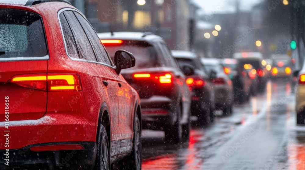 Fototapeta premium Urban Traffic Congestion in Rainy Weather