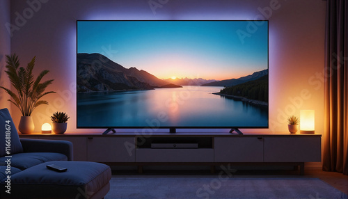 Curved 3D TV displaying serene nature documentary in cozy living room, relaxation
