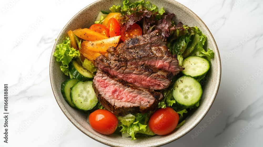 Bowl of vibrant salad with juicy steak cherry tomatoes cucumbers and fresh greens on marble background promoting healthy eating lifestyle Bowl of vibrant salad with juicy steak cherry tomatoes cucumbers and fresh greens on marble background promoting healthy eating lifestyle