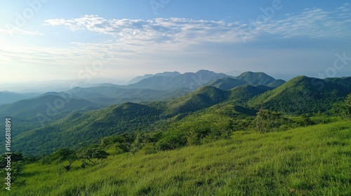 Majestic mountain landscape showcasing lush greenery and rolling hills in a serene natural park setting. photo