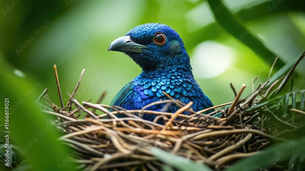 Vibrant Male Satin Bowerbird Nesting in Lush Greenery Exhibiting Intricate Display of Attractive Courtship Bower Vibrant Male Satin Bowerbird Nesting in Lush Greenery Exhibiting Intricate Display of Attractive Courtship Bower