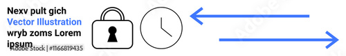 Lock beside a clock with blue arrows indicating flow of time and text emphasizing importance. Ideal for security, time management, workflow optimization, punctuality, deadlines, process control