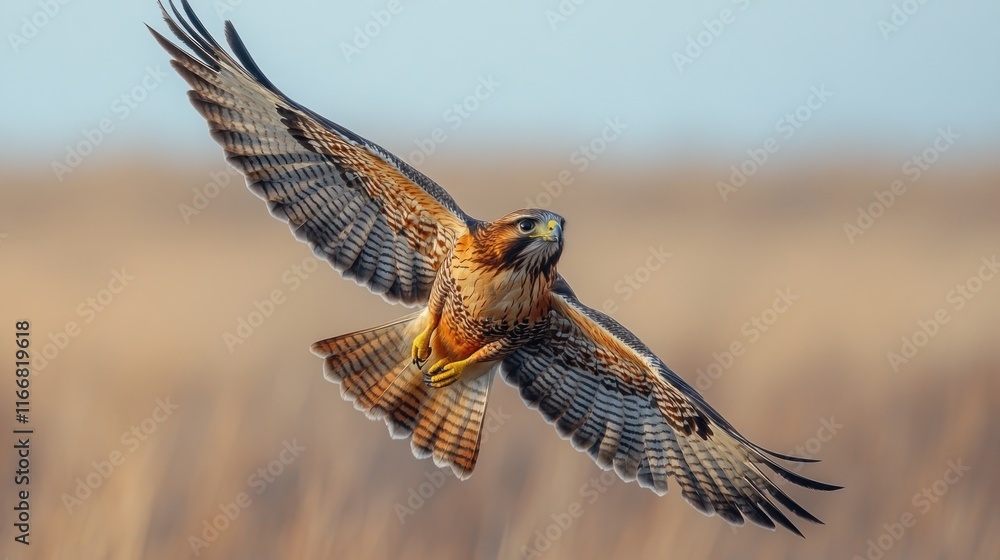 Obraz premium Red-tailed hawk in flight over a field.