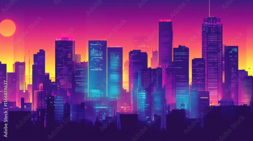 Fototapeta premium Vibrant City Skyline at Sunrise with Colorful Haze