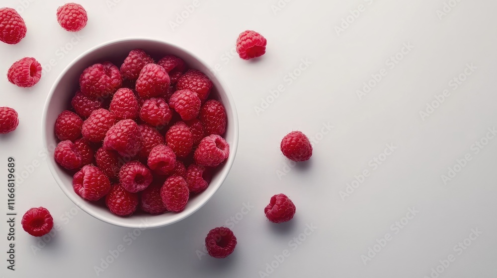 Fresh Raspberries in White Bowl Surrounded by Scattered Berries on Light Background Healthy Nutritious Snack High Quality Close Up Shot Fresh Raspberries in White Bowl Surrounded by Scattered Berries on Light Background Healthy Nutritious Snack High Quality Close Up Shot