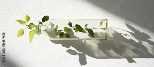 Green plant branch in clear glass bottle on bright white wall with hard light and unique reflections creating artistic shadows photo