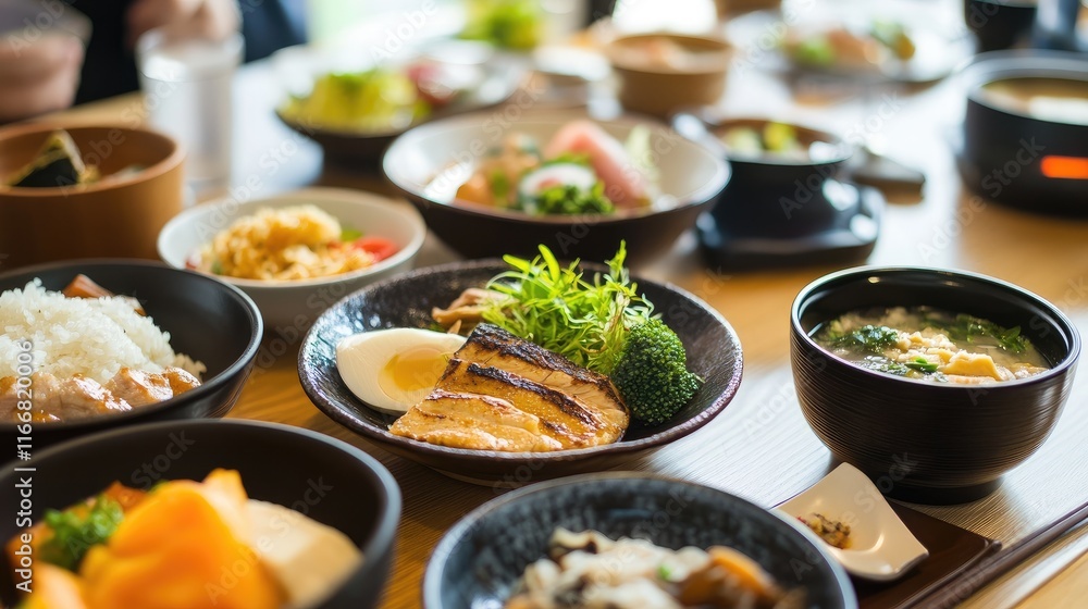 Delicious Japanese Cuisine Spread on Table with Varied Dishes and Fresh Ingredients Delicious Japanese Cuisine Spread on Table with Varied Dishes and Fresh Ingredients