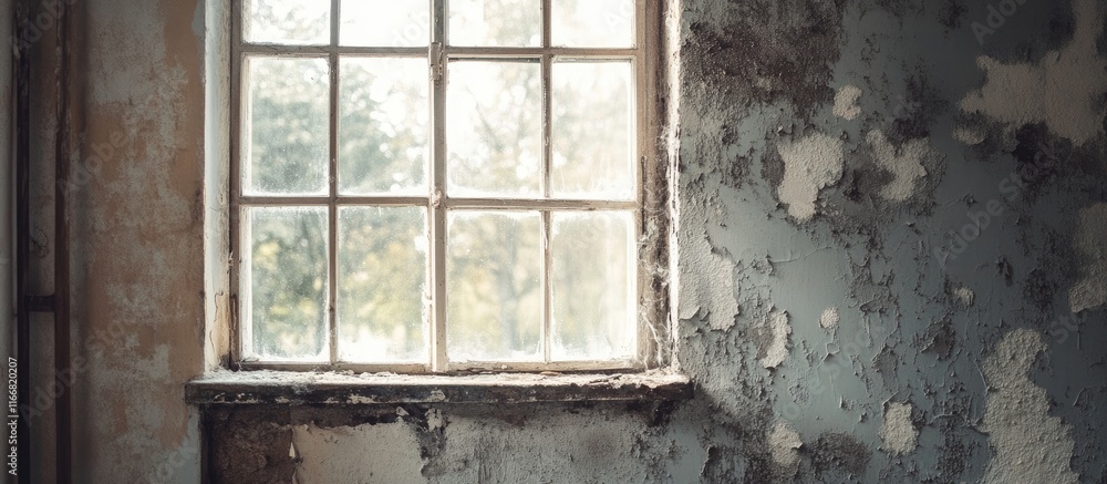 Moisture damage and black mould on interior wall near window showcasing ventilation issues in residential living spaces Moisture damage and black mould on interior wall near window showcasing ventilation issues in residential living spaces