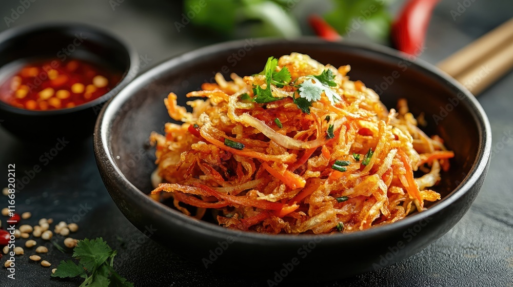 Vegetable fritters traditional snack with carrot cabbage and bean sprouts served with chili sauce and fresh herbs on a dark background Vegetable fritters traditional snack with carrot cabbage and bean sprouts served with chili sauce and fresh herbs on a dark background
