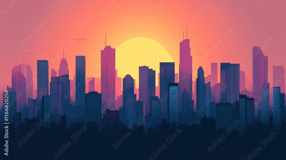 Vibrant Cityscape at Sunset with High Contrast Colors Vibrant Cityscape at Sunset with High Contrast Colors