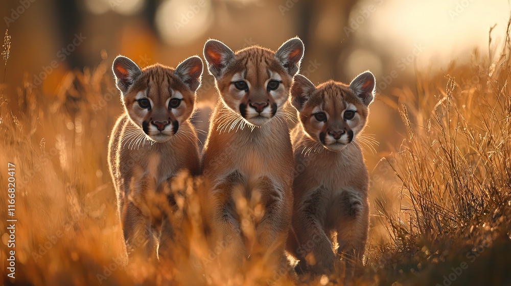 Obraz premium Three Cougar Cubs at Sunset