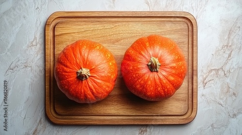 Autumn flat lay with vibrant orange pumpkins on a wooden cutting board perfect for seasonal greeting card designs and festive decor ideas photo