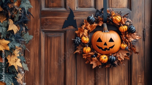 Cozy Halloween Decor Featuring Wreath and Pumpkin on Rustic Wooden Door with Room for Signage photo