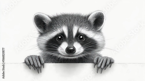Adorable baby raccoon peeking over a white surface, monochrome illustration.