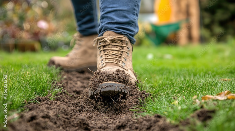 Laced boots stepping on freshly cut sod in a vibrant garden setting showcasing gardening and outdoor activity Laced boots stepping on freshly cut sod in a vibrant garden setting showcasing gardening and outdoor activity