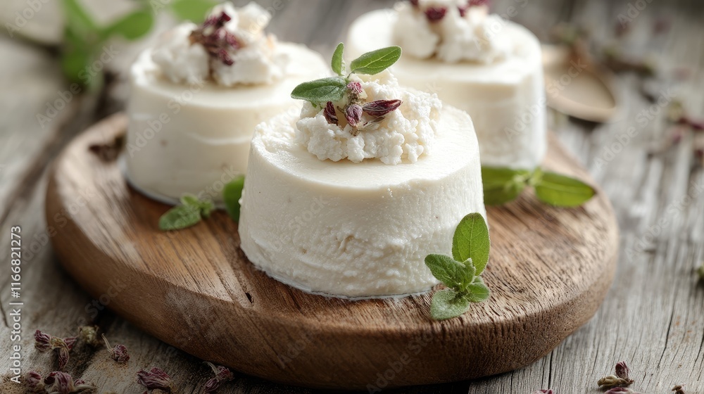 Lactose Free Cream Dessert Topped with Fresh Herbs and Cheese on Wooden Board Lactose Free Cream Dessert Topped with Fresh Herbs and Cheese on Wooden Board