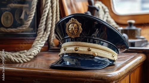 Victorian style navy boat with captain's helmet resting on polished wooden surface adorned with nautical elements photo