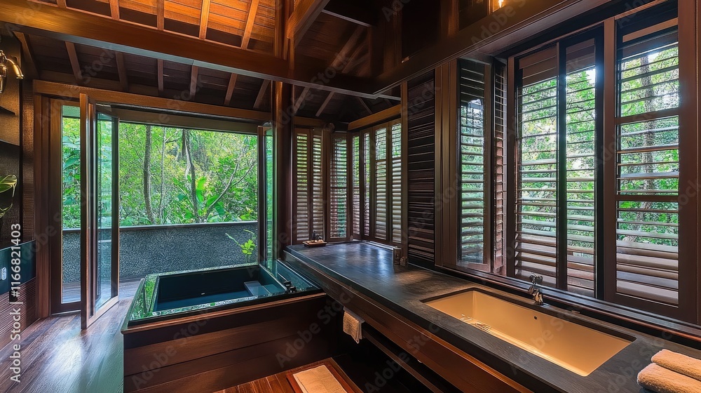 Modern Asian Bathroom Interior with Natural Light and Elegant Wood Accents in Tranquil Setting Modern Asian Bathroom Interior with Natural Light and Elegant Wood Accents in Tranquil Setting
