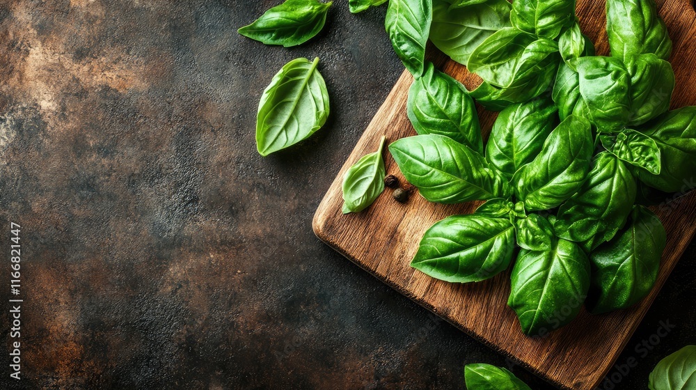 Fresh basil leaves on a wooden board showcasing natural healthy food ingredients for culinary and dietary concepts Fresh basil leaves on a wooden board showcasing natural healthy food ingredients for culinary and dietary concepts