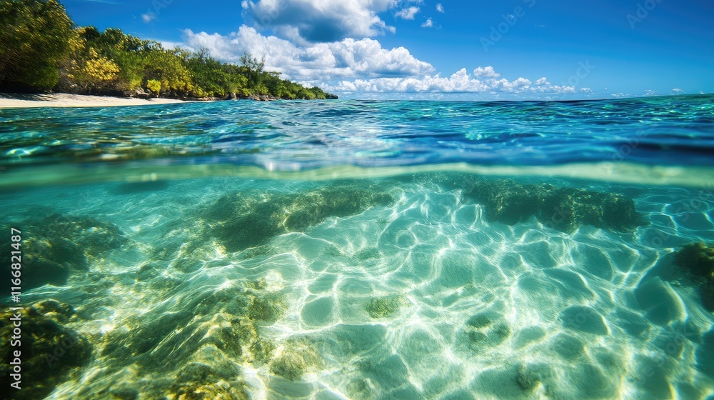Serene turquoise ocean waters shimmering under bright blue skies and fluffy white clouds with lush green coastline in the distance Serene turquoise ocean waters shimmering under bright blue skies and fluffy white clouds with lush green coastline in the distance
