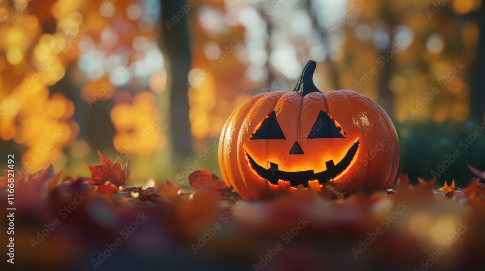 Naklejka premium Halloween pumpkin with glowing face amidst vibrant autumn leaves in a blurred background creating a festive seasonal atmosphere.
