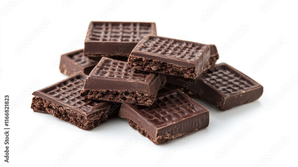 Crispy chocolate wafer biscuits stacked on a white background showcasing indulgent texture and appealing design for snack food advertising Crispy chocolate wafer biscuits stacked on a white background showcasing indulgent texture and appealing design for snack food advertising