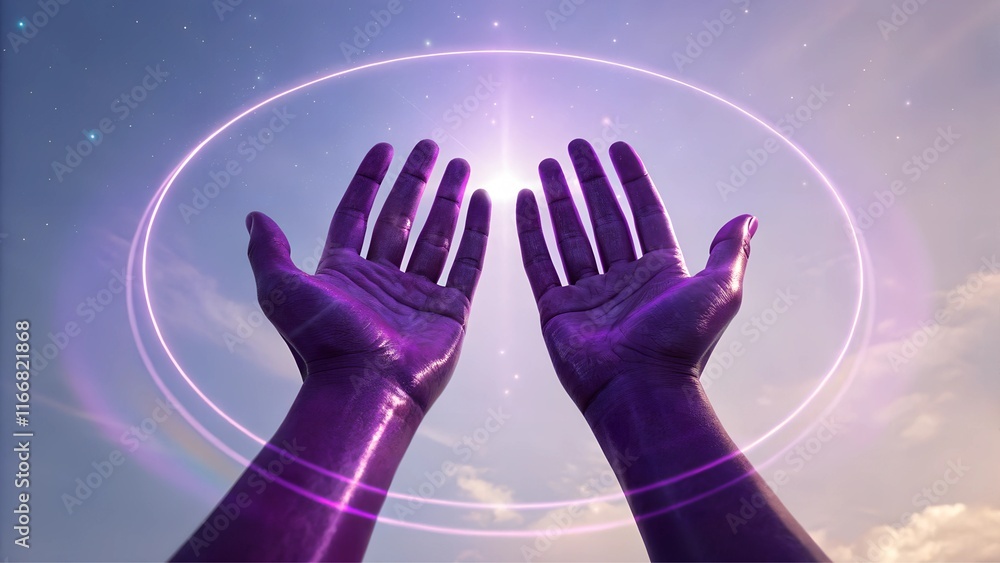 Radiant purple spiritual hands reaching up to a glowing light in the sky
Radiant purple spiritual hands reaching up to a glowing light in the sky