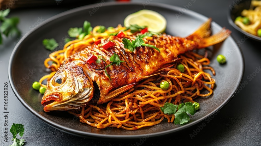 Crispy fish served on a bed of flavorful noodles garnished with herbs and fresh vegetables in an elegant dining presentation Crispy fish served on a bed of flavorful noodles garnished with herbs and fresh vegetables in an elegant dining presentation