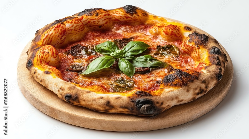 Freshly baked pizza with vibrant sauce and basil garnished on wooden board isolated on white background Freshly baked pizza with vibrant sauce and basil garnished on wooden board isolated on white background