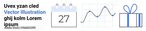 Calendar shows the 27th, line graph with fluctuating data points, gift box with bow. Ideal for scheduling, data analysis, celebrations, planning, business holidays event promotion. Landing page