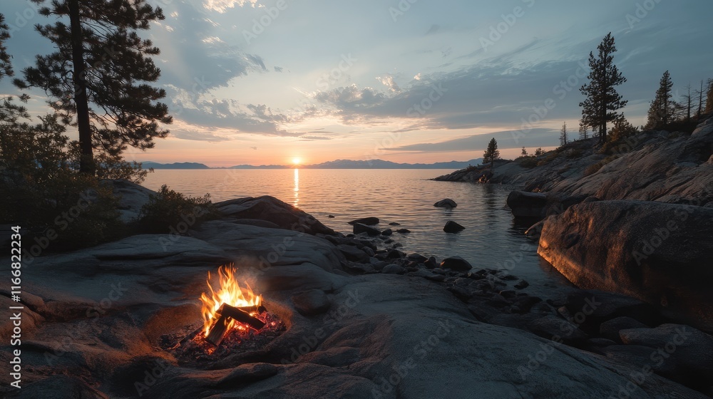 Lakeside Campfire during Golden Hour with Calm Waters and Scenic Mountain Background Lakeside Campfire during Golden Hour with Calm Waters and Scenic Mountain Background